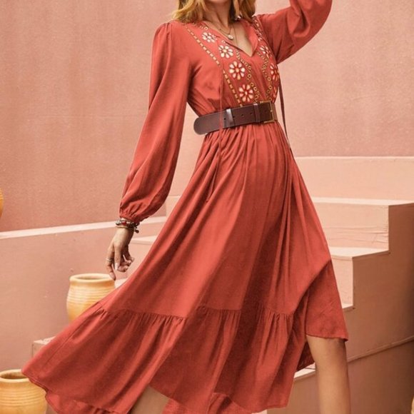 burnt Orange Flower Embroidered Ruffle Hem Dress - Picture 2 of 7